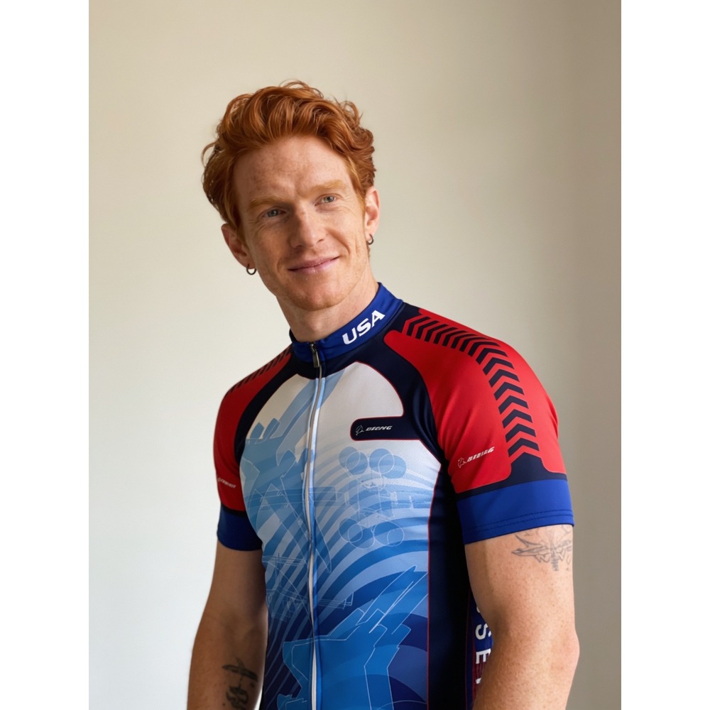 Voler One Boeing Cycling Jersey Mens Blue Red White Full Zip Short Sleeve Top - Picture 2 of 12